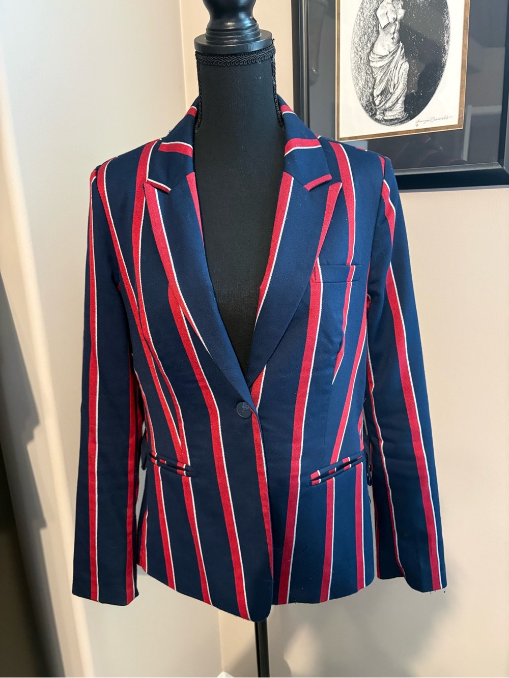 Romeo & Juliet Couture Navy Blazer with Red and White Stripes